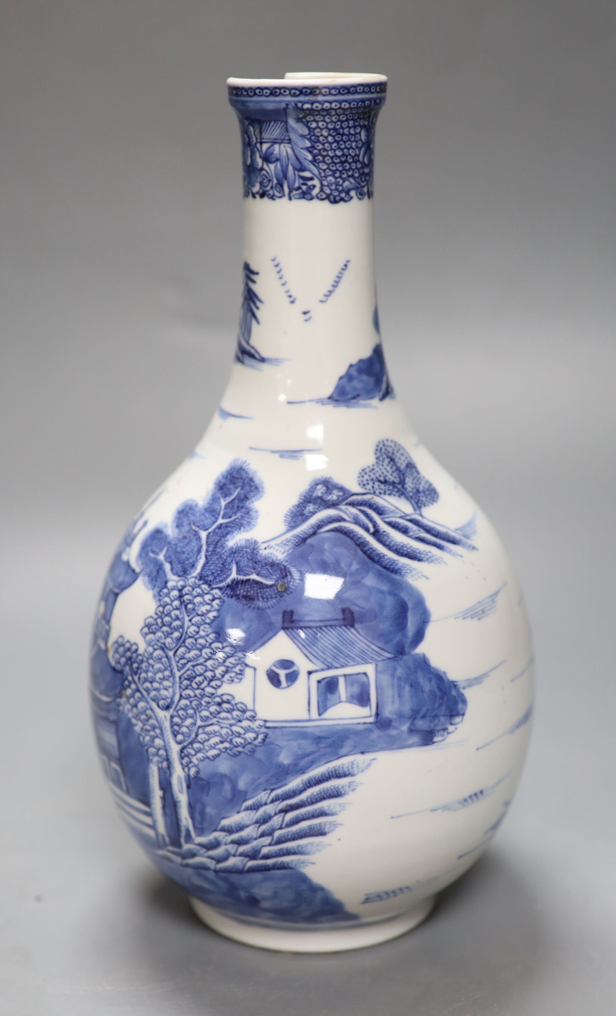 An 18th century Chinese blue and white guglet, once mounted as a lamp, height 25.5cm (drill hole to base)